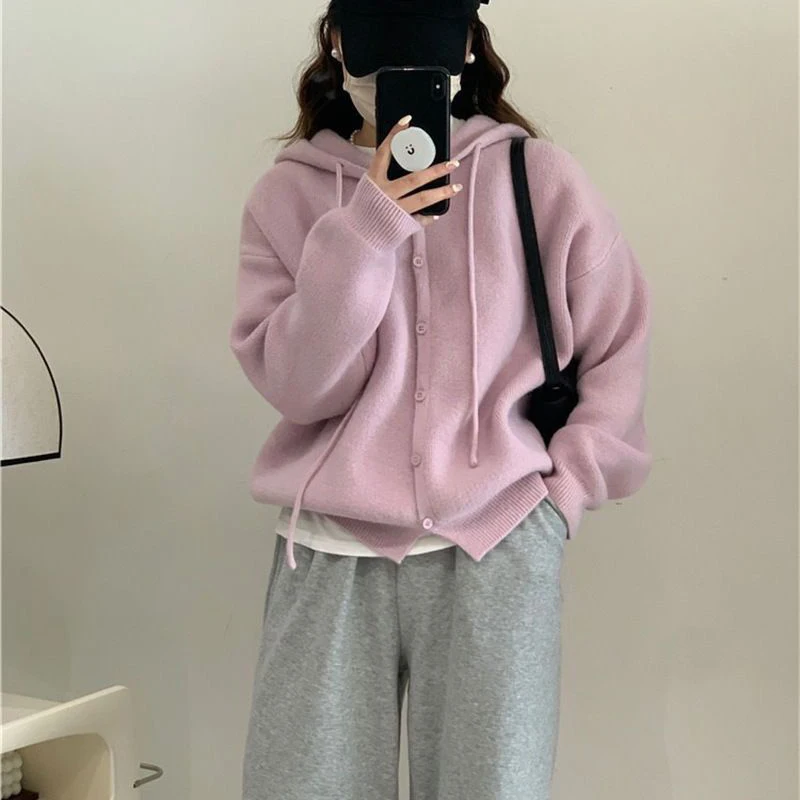 Rimocy Solid Single Breasted Hooded Cardigan Women Korean Fashion Long Sleeve Sweater Jacket Woman Chic Loose Knitted Jumper