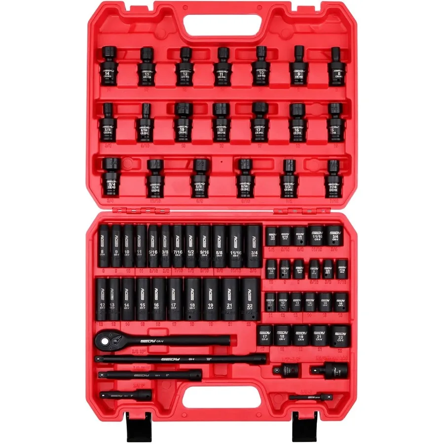 

71-Piece 3/8 Drive Master Impact Socket Set SAE and Metric 5/16- 3/4 8mm - 22mm Cr-V Cr-MO Universal Joint Deep Standard Socket