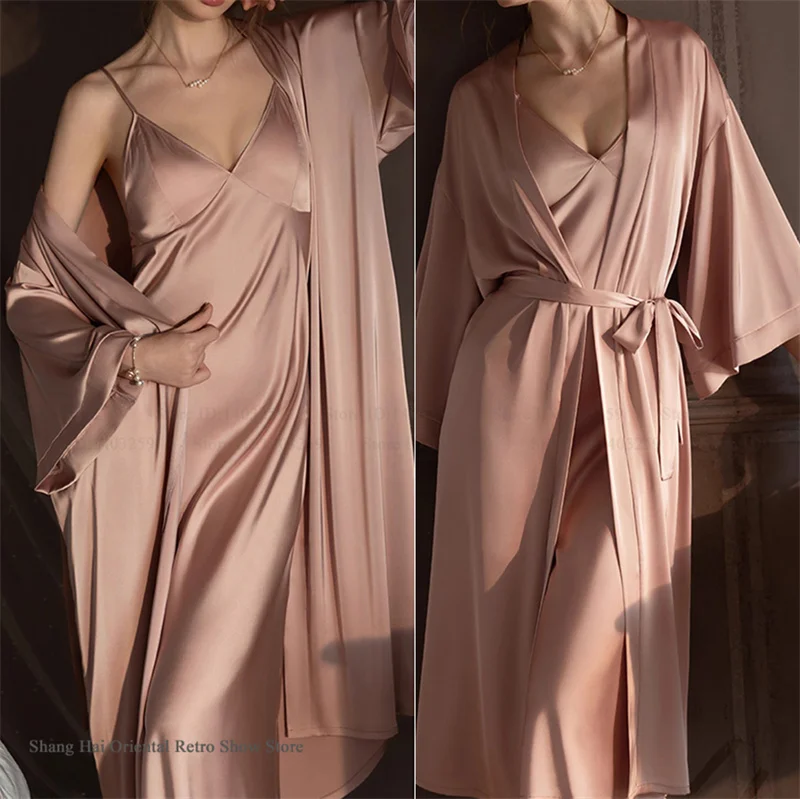 

Элегантный женский комплект: длинная ночная рубашка, сексуальное белье, свободное кимоно, халат, шелковистый атласный домашний наряд, одежда для отдыха