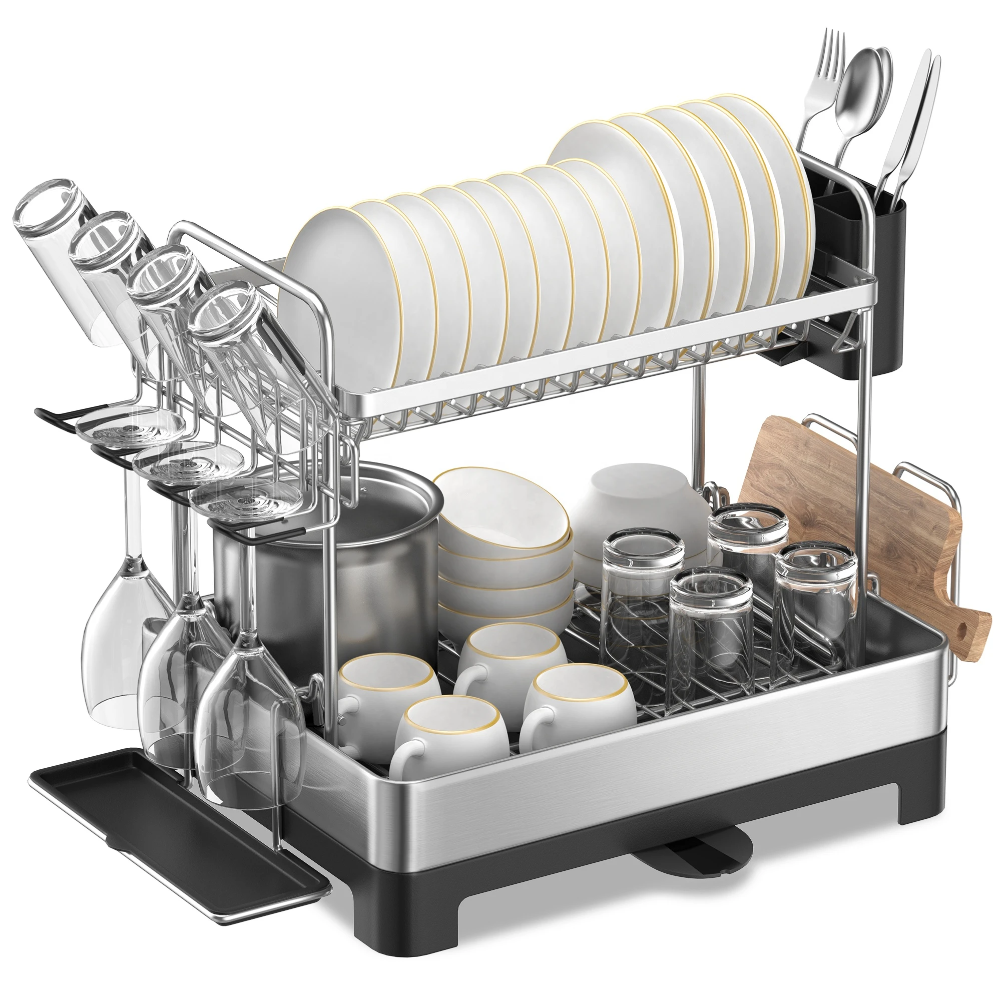 2-Tier Detachable Multifunction Countertop Kitchen Storage Holder Dish Rack Dish Drying Rack With Cutting Board Holder