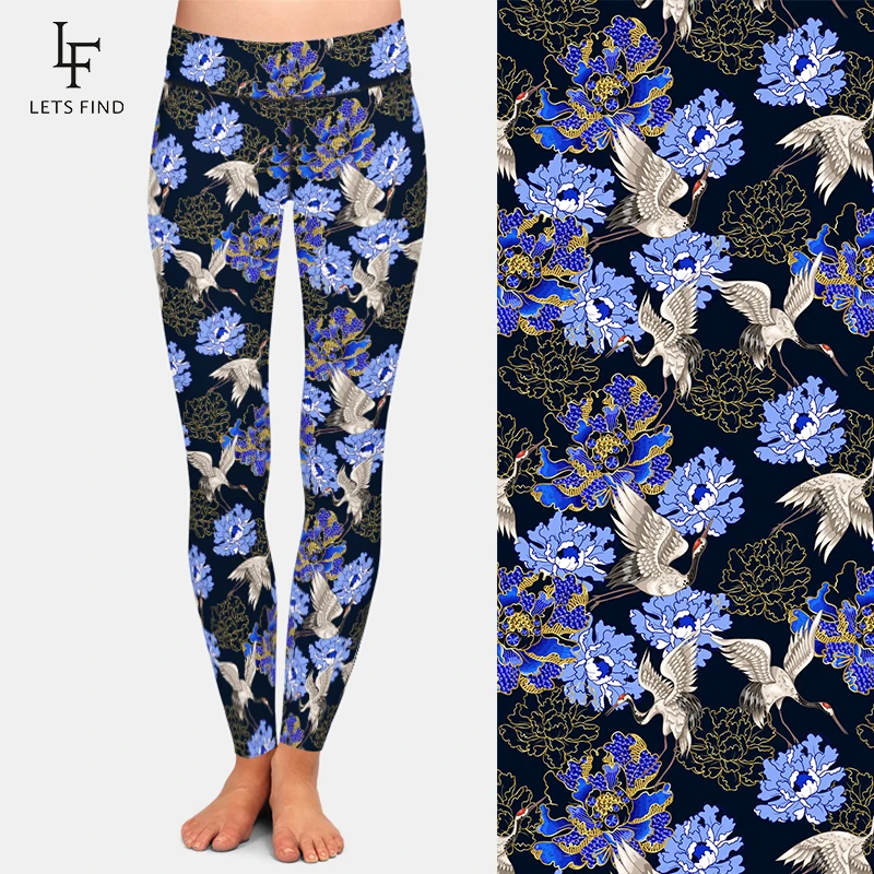 LETSFIND Fashion High Waist Fitness Leggings Beautiful White Crane and Peony Print Women Elastic Leggings