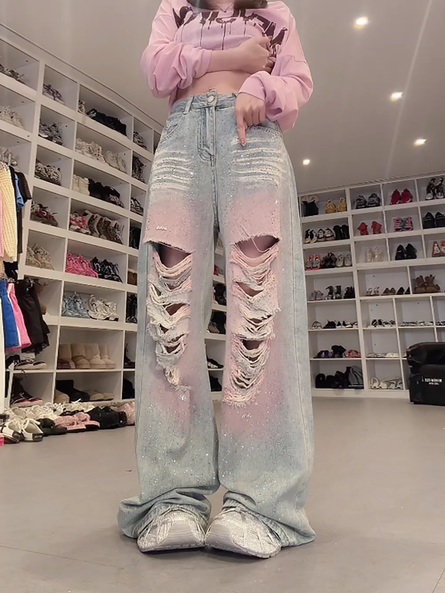 

Original Meysikim Denim Jeans Women's Wide Leg Pants Hole Design Cotton Natural Waist Button Closure Spring Fashion 2026