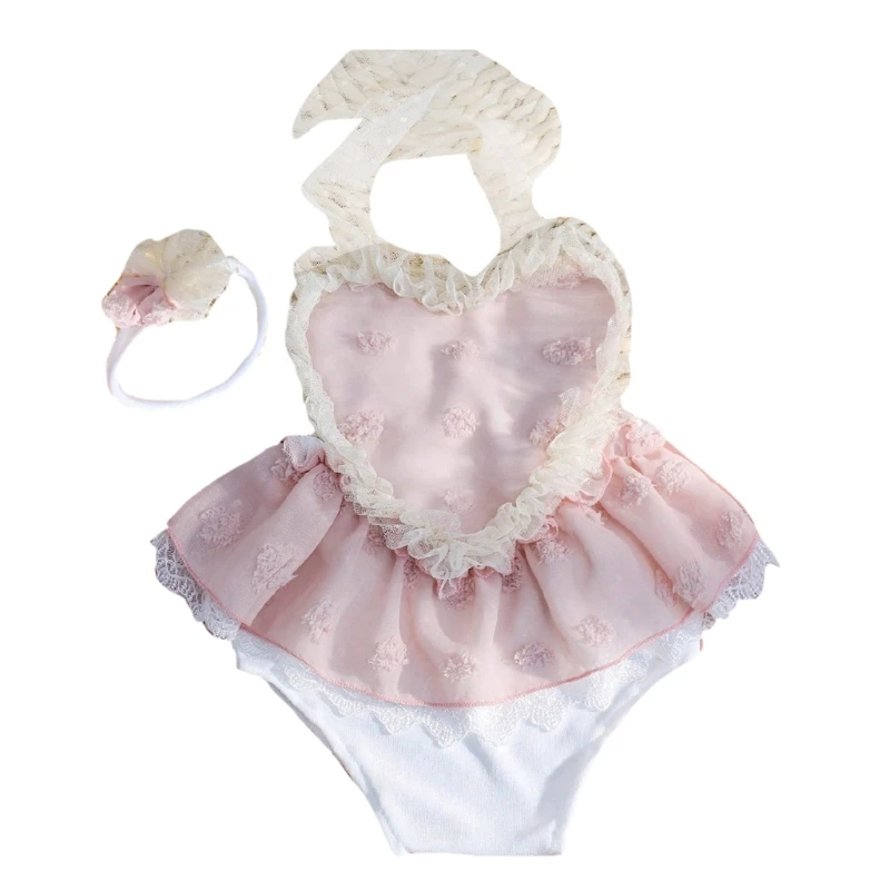 Y1UB Infant Lace Romper and Matching Flower Headband Set 2pcs Newborns Bodysuit Props