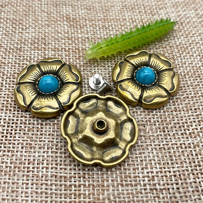 5 Set 27mm Brass Sun Flower Turquoise Decorative Conchos Buckle Screw Back Buttons DIY Leather Goods Leathercraft Accessories