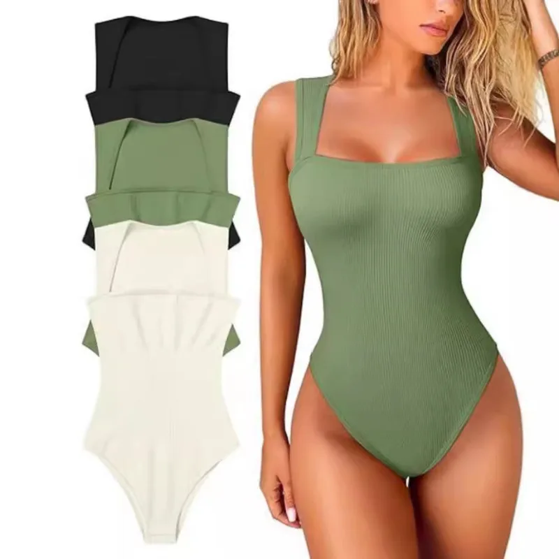 Body de mujer acanalado con cuello cuadrado, sin mangas, sin costuras, tipo top, moldeador, control de figura, estilo casual urbano Y2K, ¡Gran oferta!