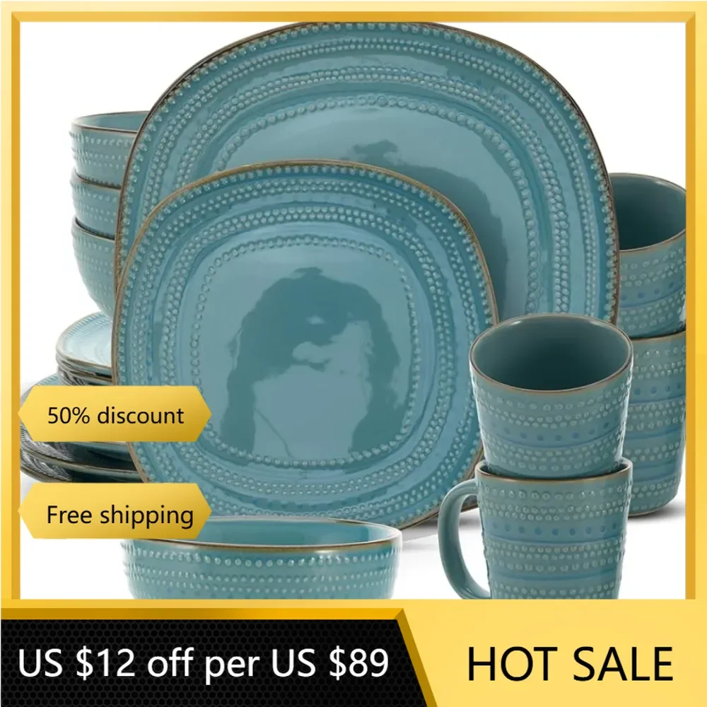 

16-Piece Teal Stoneware Dinnerware Set - Includes Dinner Plates Complete Tableware Dish Bowls Mugs freight Free