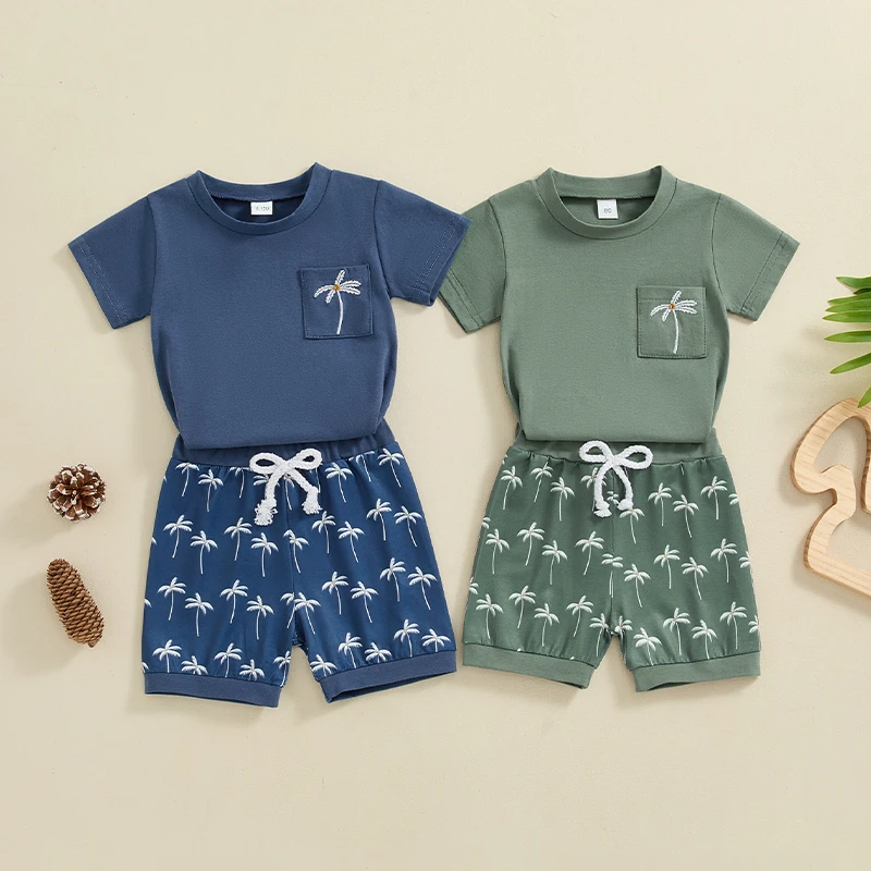 

2024-05-05 Lioraitiin Toddler Baby Boy Summer Outfits Short Sleeve Tree Embroidery T-Shirt + Shorts Set Clothes