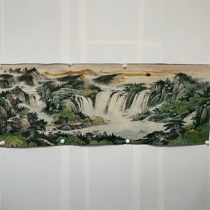 Chinese Old Color Brocade Embroidery Landscape Painting 'Continuous And Long-Lasting Flow' Decorative Home Artwork Piece