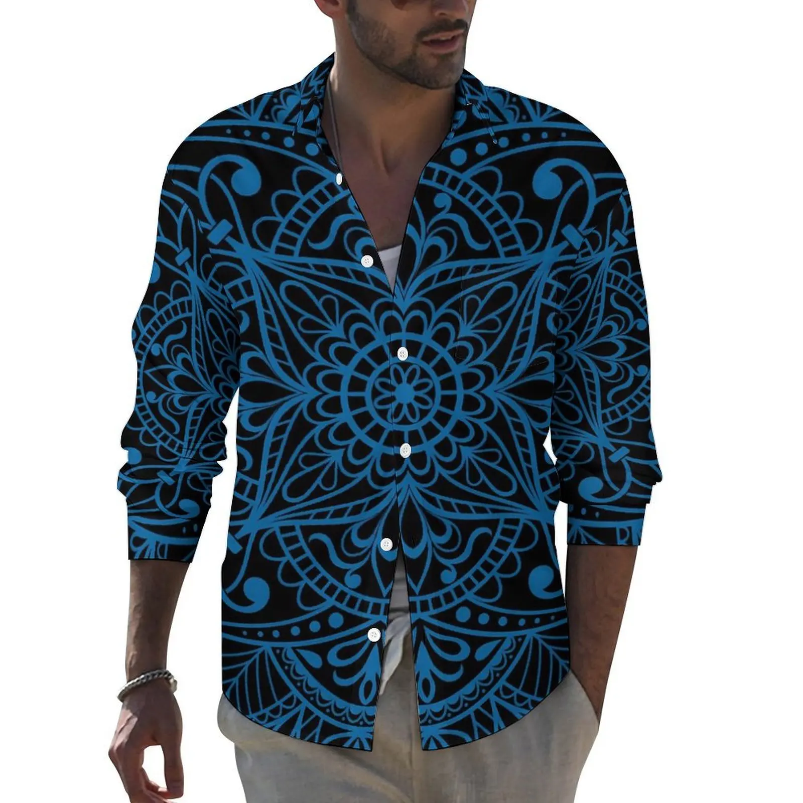 

Blue Mandala Casual Shirts Man Abstract Floral Print Shirt Long Sleeve Fashion Street Style Blouses Autumn Custom Top Big Size