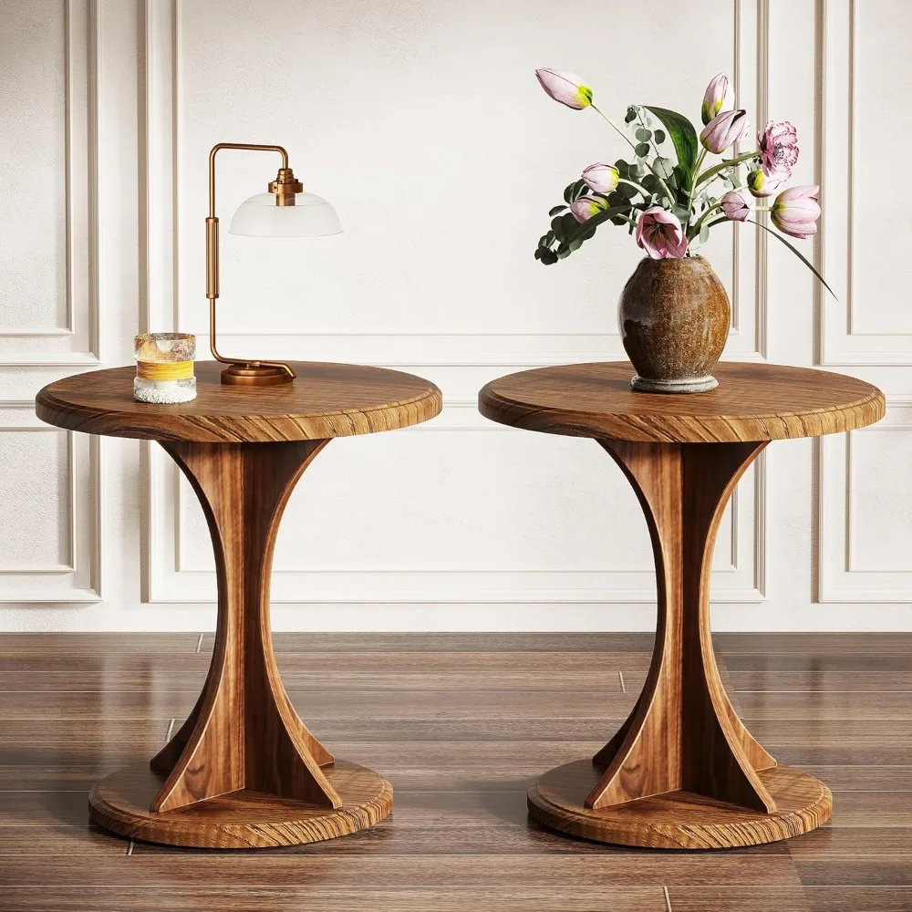 Round End Table for Living Room, Wood Side Table Set of 2, Mid-Century Bedside Nightstand for Bedroom, Accent Table