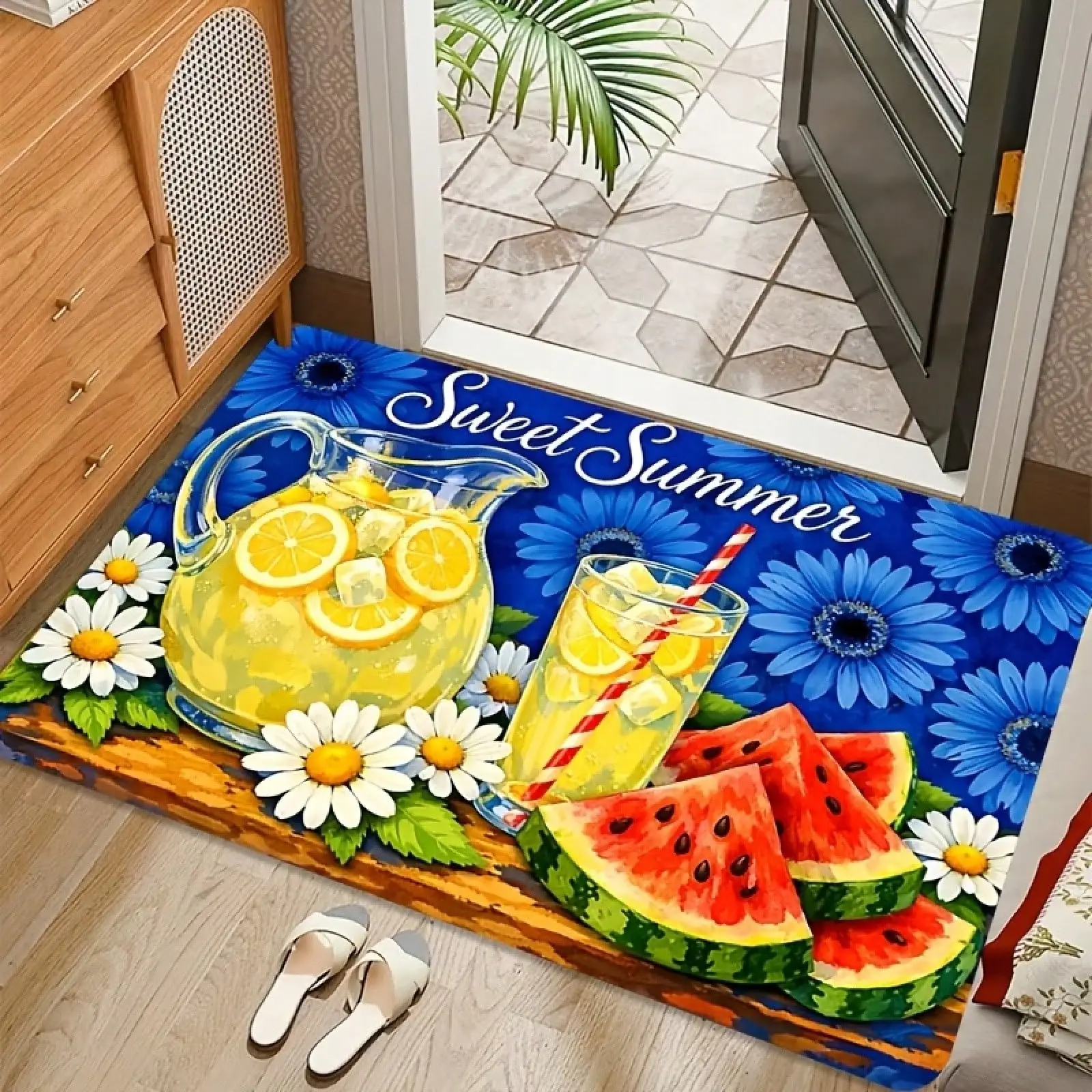 2D Blue Summer Lemon Watermelon Floral Pattern Door Mat, Non-Slip Flannel Entrance Rug, Washable, Soft And Comfortable, Suitable For Living Room Bedroom Kitchen