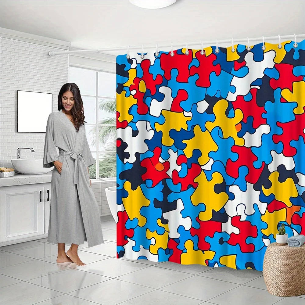 Colorful Puzzle Piece Shower Curtain Autism Awareness Print Geometric Jigsaw Pattern Waterproof Polyester Fabric Bathroom Screen