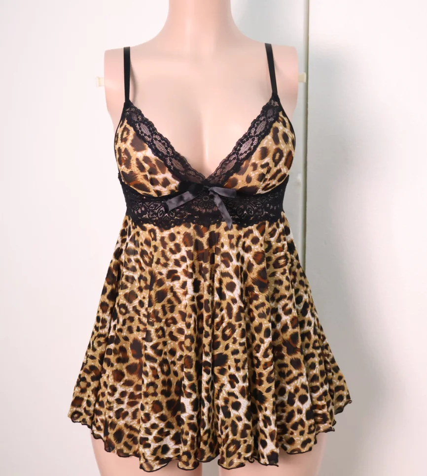 Women's Sexy Leopard Print Babydoll Nightdress with Black Lace Trim, V-Neck Spaghetti Strap Chemise Lingerie Sleepwear, Honeymoo 5