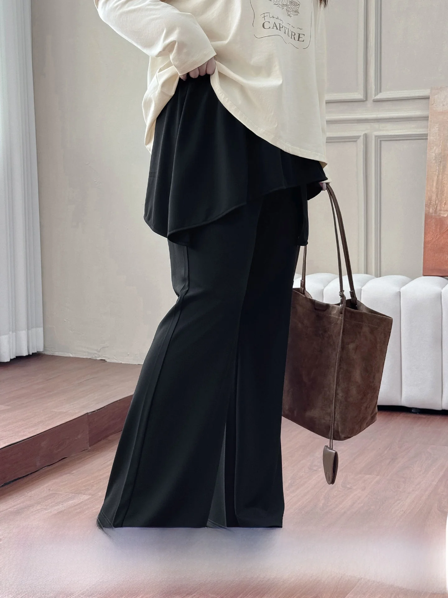 

High Waist Elastic Spor Flared Pants for plus Size Women Casual Loose Fit Polyester Fiber Micro Flared Skirt Pants