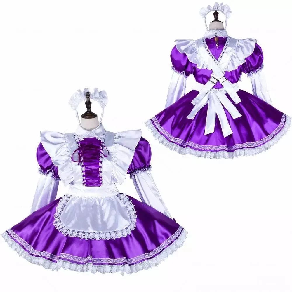 

Sexy sissy French maid purple satin lockable lace ruffle dress maid cosplay costume customizable