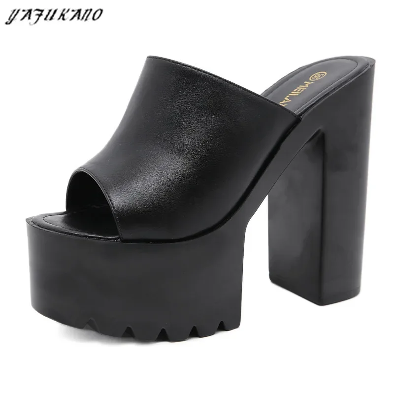 2024 Square Heel Peep Toe Slides 14Cm Sexy Platform Women Slippers Muffin Thick-Soled Non-Slip Female Sandals Party Wedding Shoe