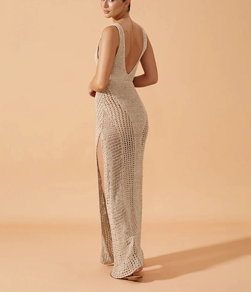 Women's Sexy Deep V Sleeveless Backless Long Knit Dress, Female Swimwear, High Slit, Crochet Bikini Cover-up, Beach Dress
