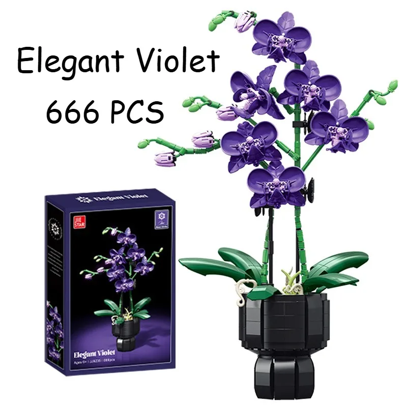 

666PCS Elegant Violet Eternal Flowers Potted Plant with Vase,Creative Purple Orchid Home Floral Decor,Building Blocks Toys Gift