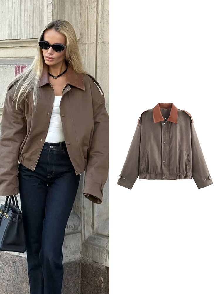 

TFMLN Suede Long Sleeves Jacket For Women Autumn New Arrival Retro Style Contrast Color Lapel Chic Coat Fashion Loose Jacket