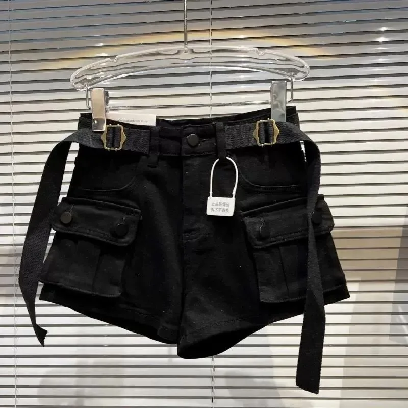 Pantaloncini cargo in denim kaki per donna Y2K 2025 Pantaloncini jeans vintage tascabili casual estivi Pantaloni corti in denim nero a vita alta femminile