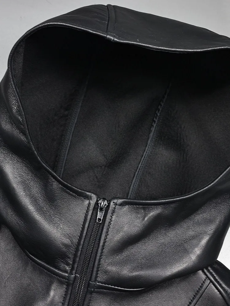 Natural Sheepskin Cape Short Coat Women Loose Fit Batwing Sleeve Casual Genuine Leather Hooded Jacket Female Black Outerwear New