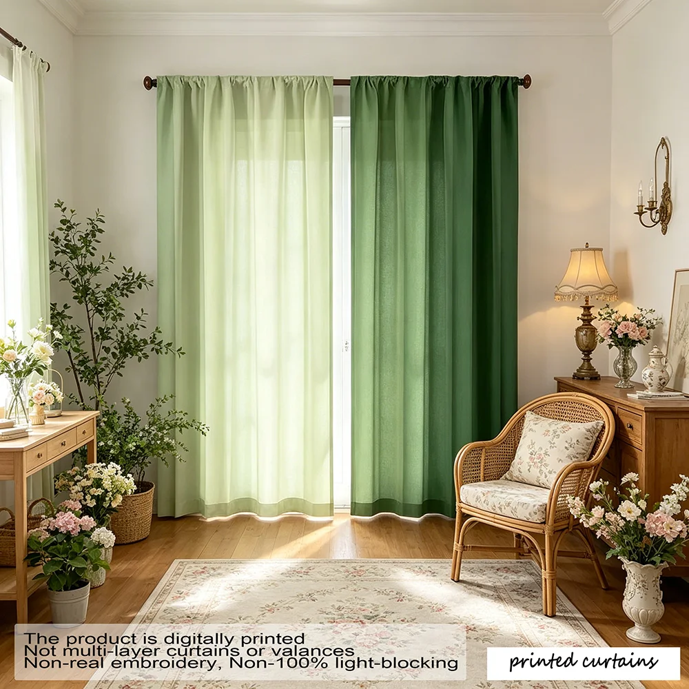 2PCS, Light Green & Dark Green, Same-Color Gradient Print, Fresh Natural Style, Flat Printed Curtains, Rod Pocket Style, Shading
