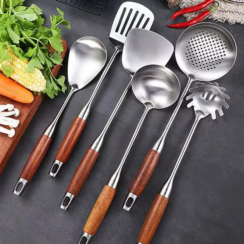 Stainless Steel kitchen utensils set cooking accessories cuisine outils Wok Spatula Gadgets Tool Handle Slotted Rice Spoon