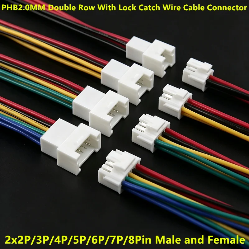 2Pcs PHB2.0 PHB 2.0MM Pitch Double Row With Lock Catch Wire Cable Connector 2x2P/3P/4P/5P/6P/7P/8Pin Male and Female Plug Socket