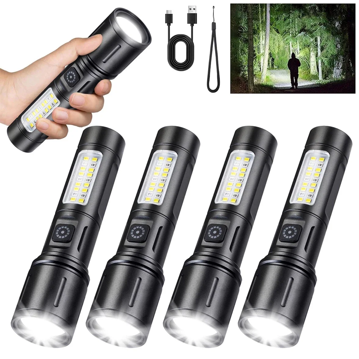 Lampes de poche super puissantes à haute luminosité, 1-4x, lampe de poche LED rechargeable, torche en alliage d'aluminium, zoomable, pour le camping, la randonnée, la chasse