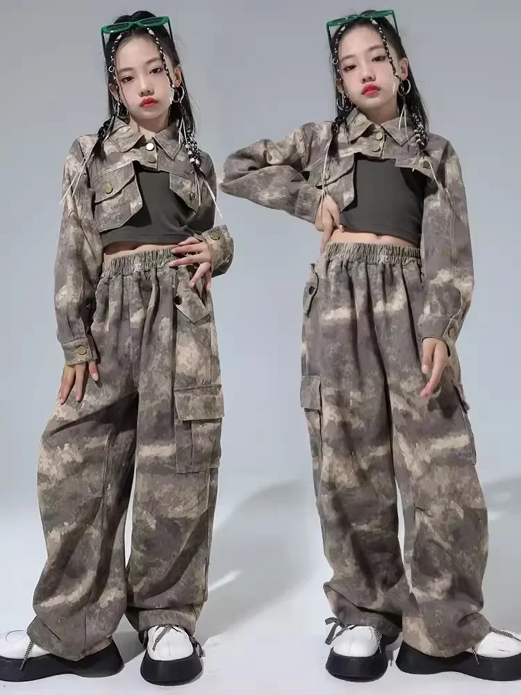 Trajes de baile de Jazz para niñas, traje de camuflaje suelto de manga larga, traje de actuación, ropa de escenario, Ropa de baile moderna Kpop