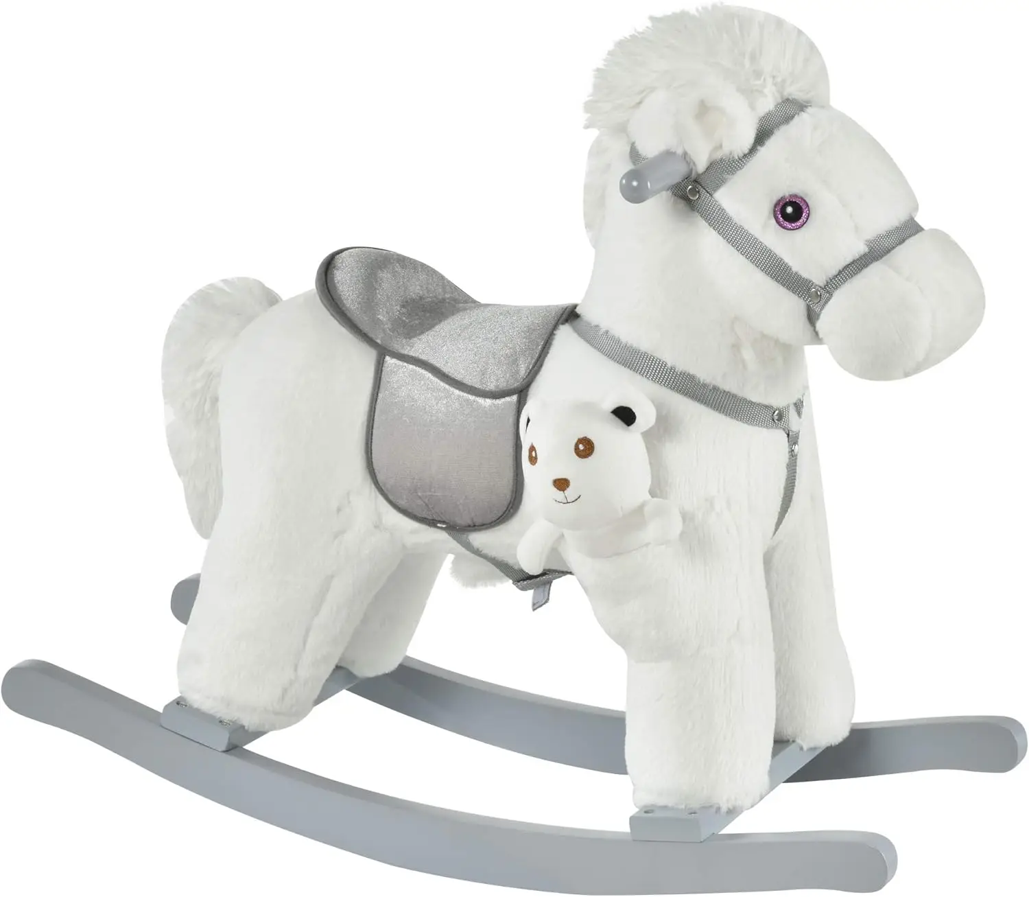 

Kids Plush Ride-On Rocking Horse With Bear Toy, Children Chair With Soft Plush Toy & Fun Realistic Sounds, White