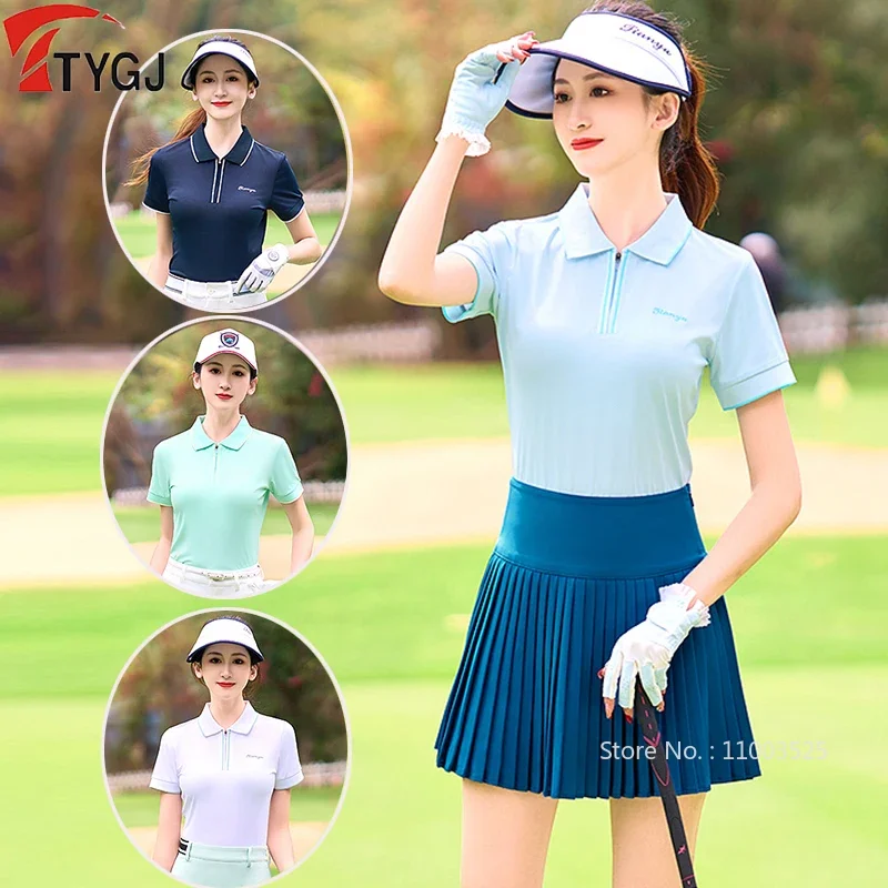 

TTYGJ Summer Women Golf Shirts Short-Sleeve Zipper Collar Tops Sports Slim Clothes Lady Quick-Dry Breathable Golf Tennis T-Shirt