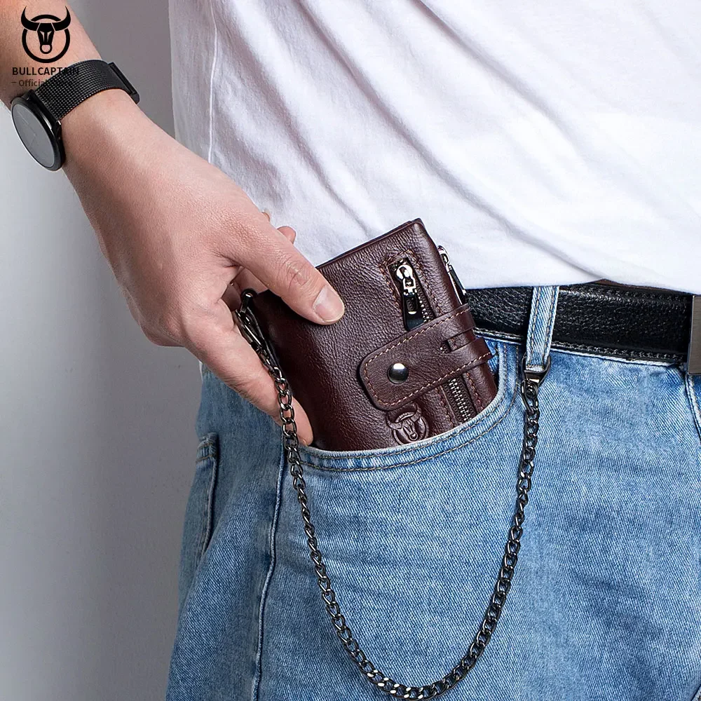 Genuine Leather Man Wallet Coin Purse Small Mini Card Holder Chain PORTFOLIO Portomonee Male Walet Pocket