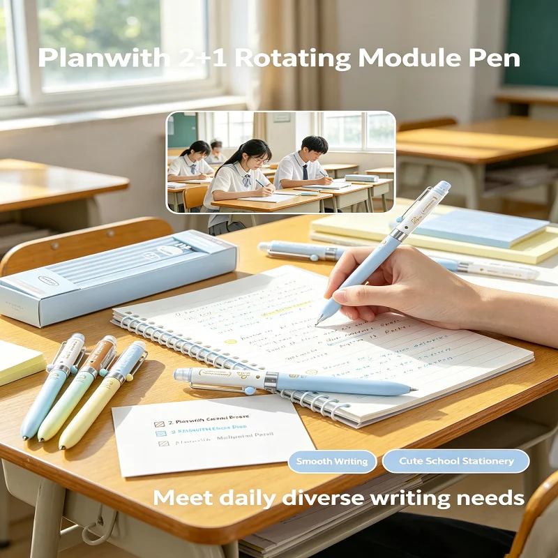Planwith 2+1 Rotating Module Pen,0.5mm Gel Pen & Mechanical Pencil,Multi‑color Pen with Eraser,Cute Aesthetic Student Stationery