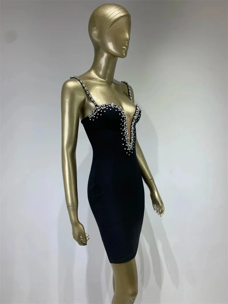 Pailletten Strass Frauen Verband Kleid rücken frei Deep-V-Ausschnitt Party kleid einzigartige schwarze ärmellose Abendkleid neues Design auf Lager