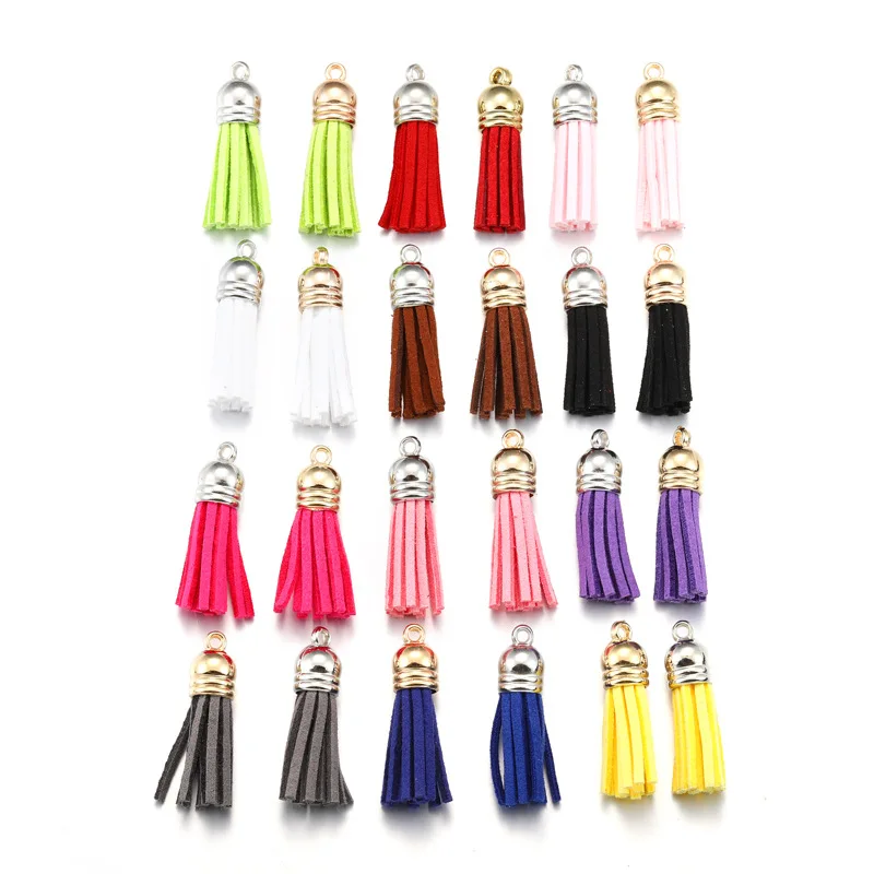 10pcs/Lot 38*10mm Colorful Mixed Suede Tassel For Keychain Leather Tassels Silver Gold Caps Straps DIY Jewelry Making Charms Pen