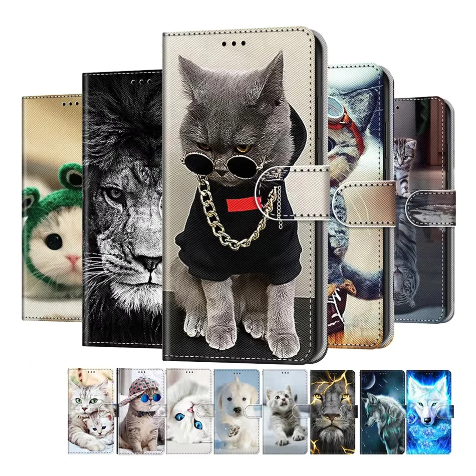 Étuis portefeuille à rabat avec motif chat et loup pour iPhone 15 Pro Max 14 Plus 13 12 11 Pro Max, avec porte-cartes et fonction support, style livre de téléphone