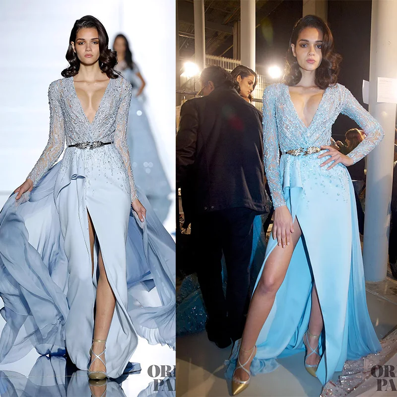 L358 Zuhair Murad Sky Blue Long Sleeves Crystal Beaded  فساتين السهرة vestidos de fiesta  فساتين سهره evening dresses