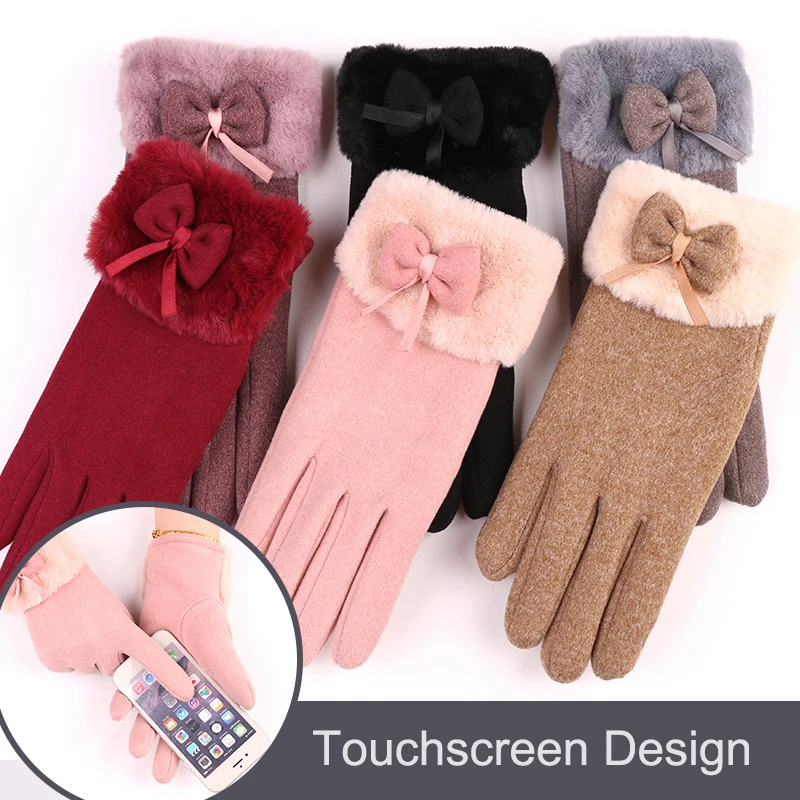 Cute Bow-Knot Glove Fashion Girl Winter Thicken Warm Mittens Women Driving Keep Warm Hand Youth Female Touch Screen Gloves