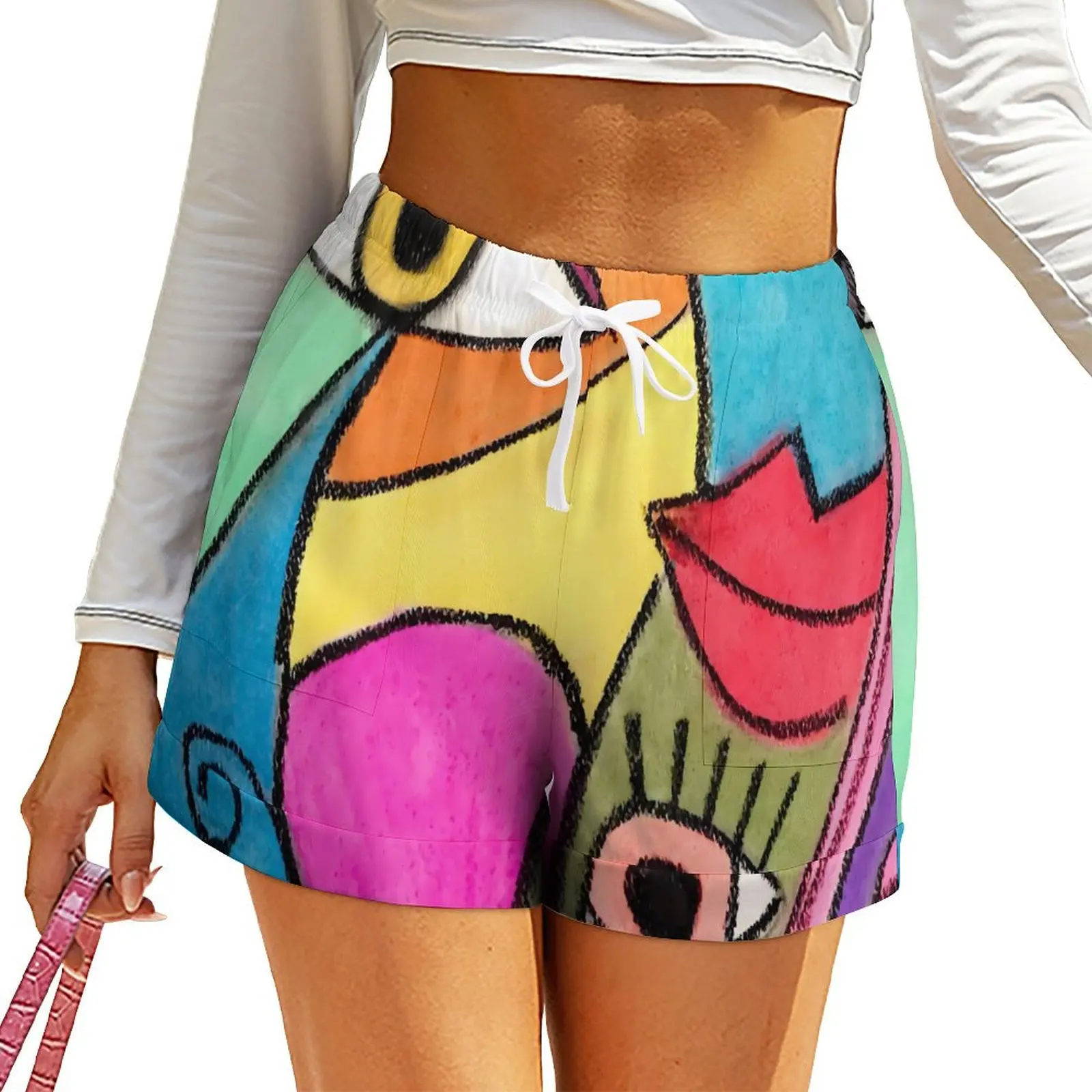 주머니가 있는 예술적인 컬러 블록 반바지, 파란색 빨간색 녹색 해변 반바지, 여름 디자인, 스트리트 웨어 하의, 빅 사이즈 3XL 