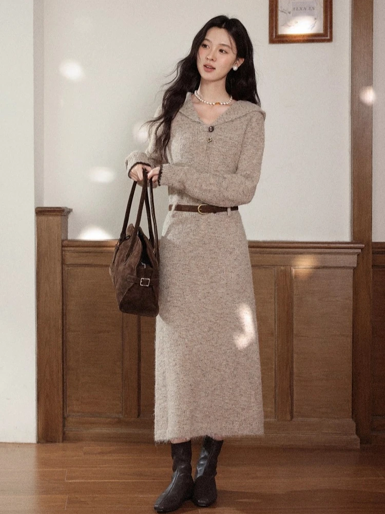 Alxnan plus size vestido 2025 botão com capuz fino-ajuste camadas de malha vestido de manga longa outono inverno roupas femininas d662170