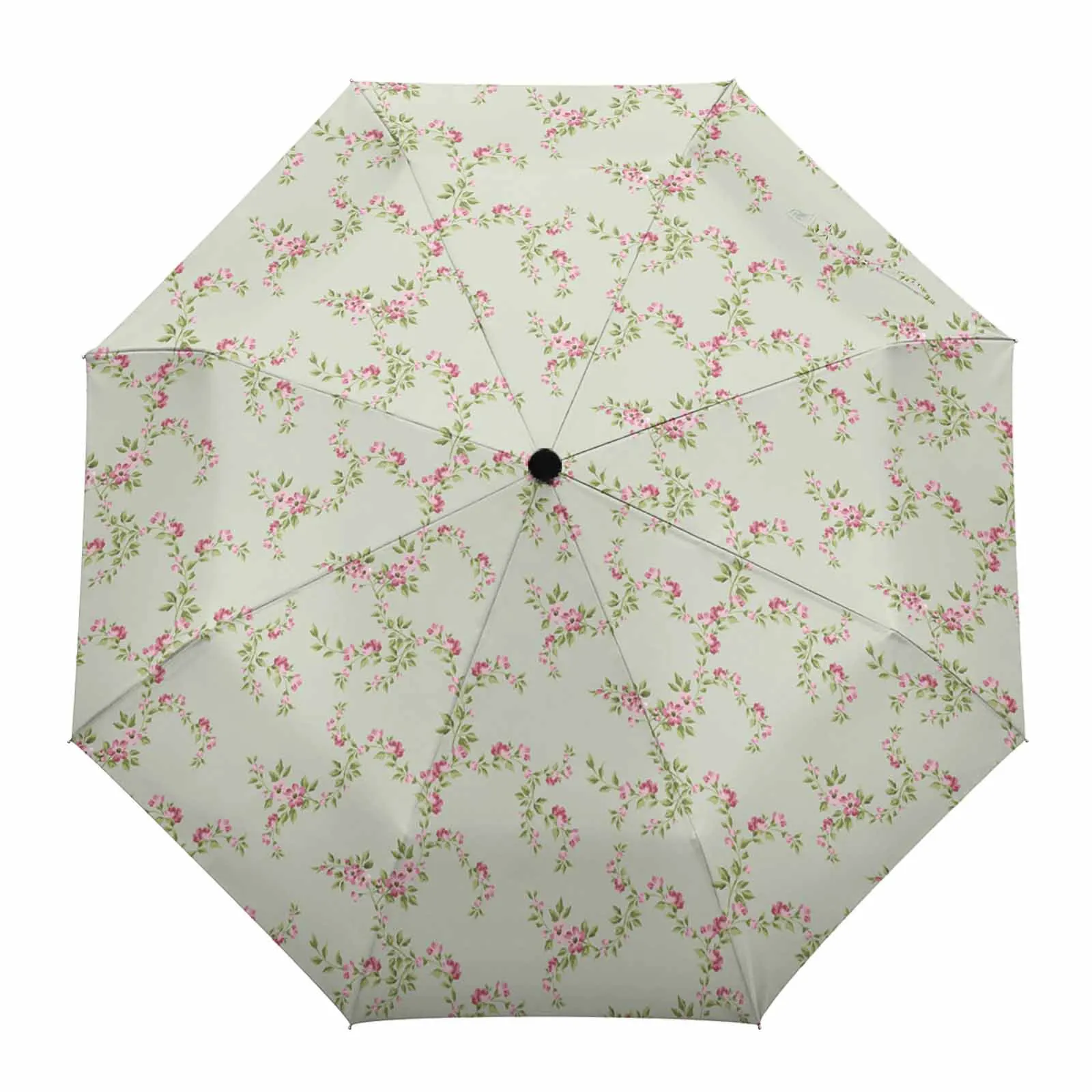 Rural Vintage Rose Fragmented Sage Green Outdoor Fully-automatic Folding Eight Strands Umbrellas for Kids Printed Umbrella