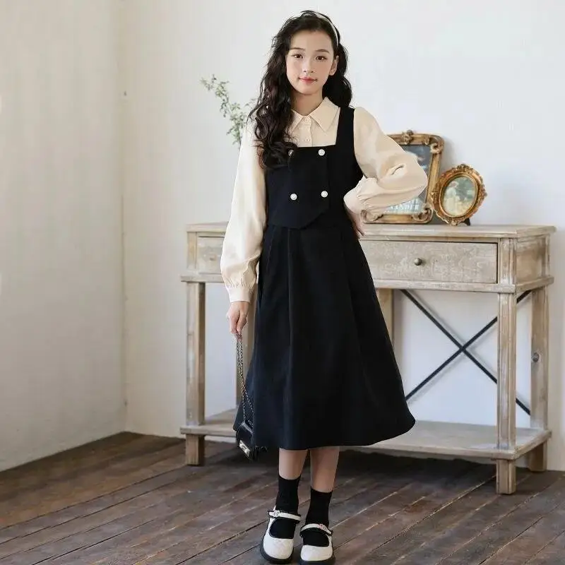 Urocze dziewczęce bluzki i sukienki w stylu kawaii, studenckie, na wiosnę i jesień, codzienne koszule z kołnierzykiem, spódnice w kształcie litery A, imitacja dwuczęściowej odzieży dziecięcej.
