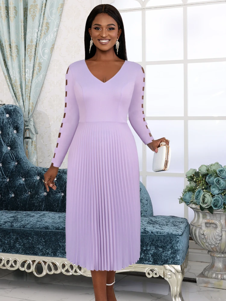 A Line Dress for Women V Neck Long Sleeve Lavender Large Size High Waist Office Lady Casual Birthday Party Gowns Autumn 2024