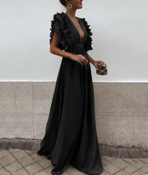 2023 Frühjahr/Sommer Neue Damenmode Fliegende Ärmel V-ausschnitt Open Back Einfarbig Langes Kleid Süßes Kleid