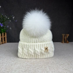 2024 White Pink True Fox Hairball Women's Winter Outdoor Warm Angora Cute Wool Skiing Winter Hat