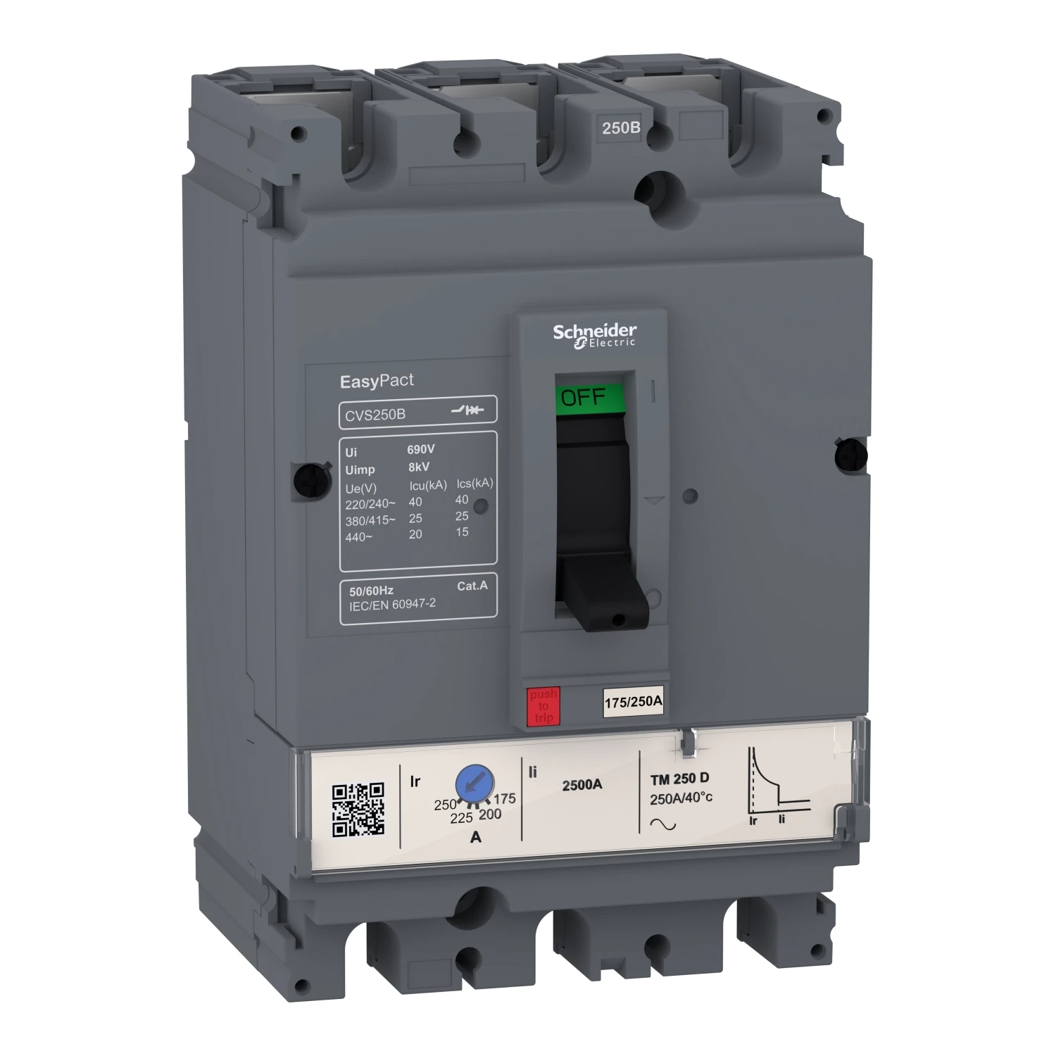 LV516302 circuit breaker EasyPact CVS160B, 25 kA at 415 VAC, 125 A rating thermal magnetic TM-D trip unit, 3P 3d