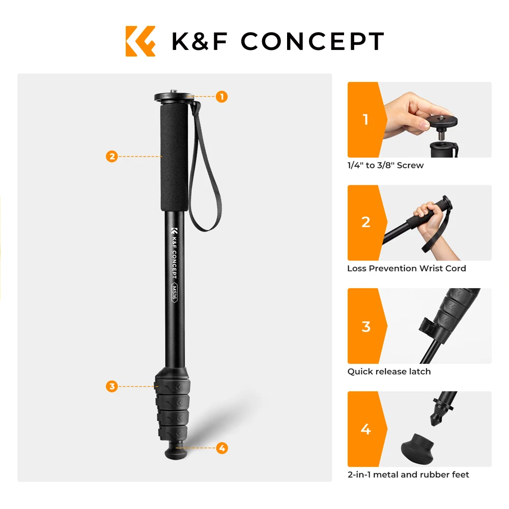 Monopé para Câmera K&F CONCEPT Smart Series MS16 63''/160cm, Design 2-em-1 com Pés de Metal e Borracha, Portas Duplas de 1/4'' e 3/8'' para Troca.