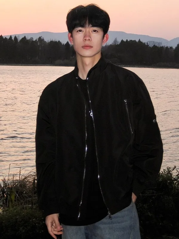 

Мужской воротник-стойка в американском стиле High Street, весенне-осенний универсальный бейсбольный дэт на молнии, простой силуэт, молодежный полиэфирное волокно