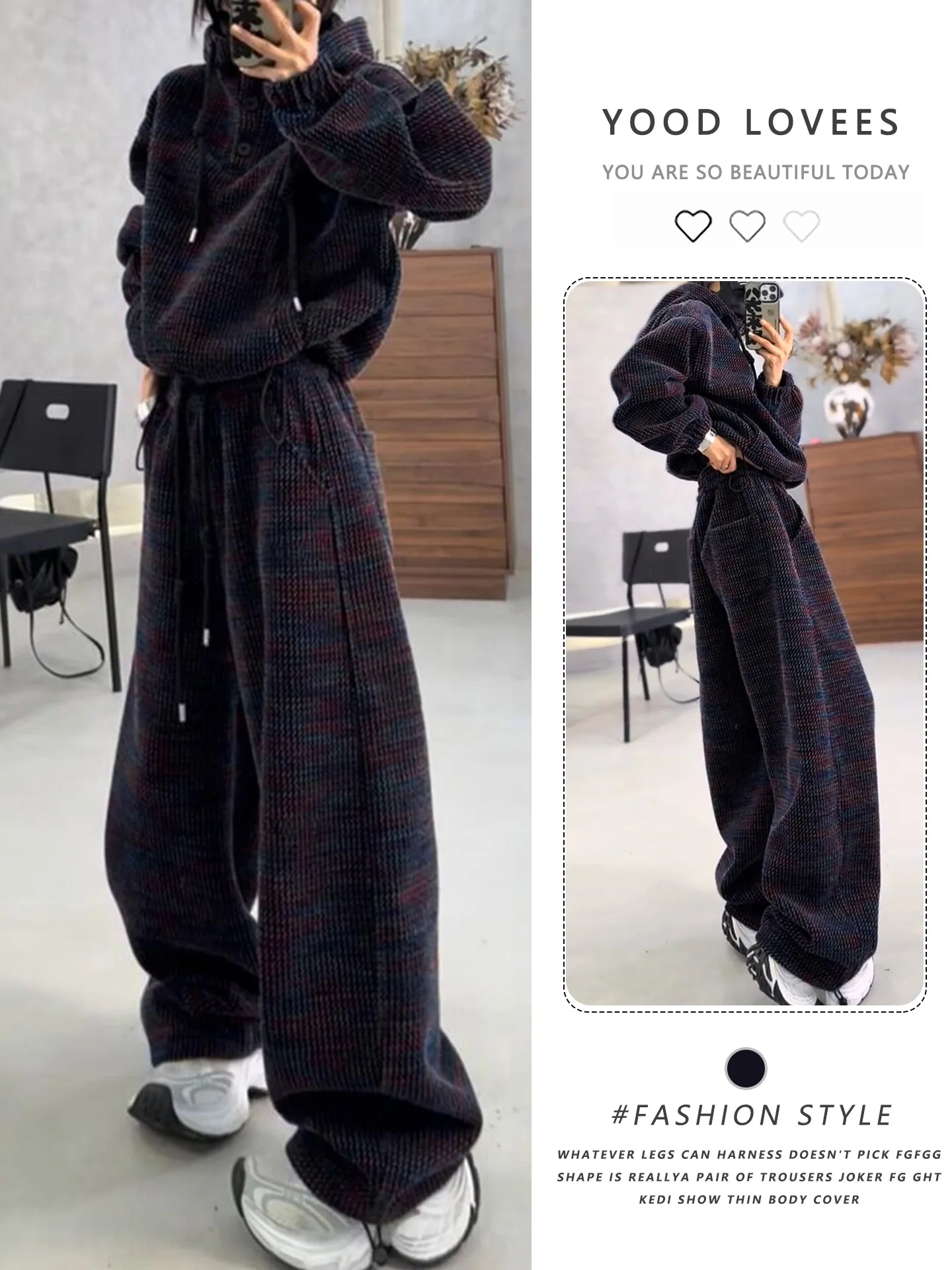 

Winter New Color Block Hoodie Jacket Women's Drawstring Design Waist Cinching Wide Leg Pants Two Piece Set Fashionable Casual...
